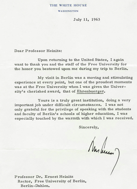 Brief von John F. Kennedy an Ernst Heinitz