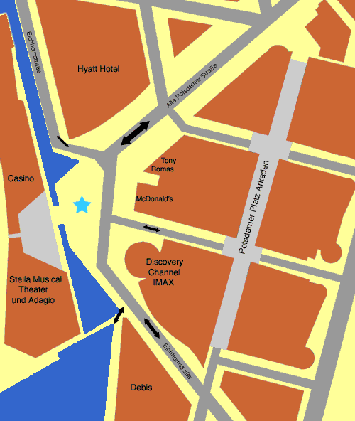 Karte vom Quartier DaimlerChrysler, mit Pfeilen, die die Zugangsmenge der jeweiligen Wege symbolisieren
