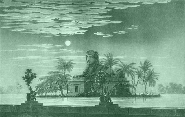 Garten Sarastros mit Sphinx im Mondschein