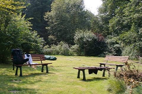 Foto der Wiese im Seevegarten mit Zeltsack und Stangen