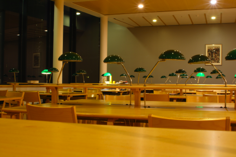 reading desks in empty library during the evening