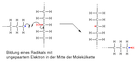 Bildung eines Radikals mit ungepaartem Elektron in der Mitte der Molekülkette