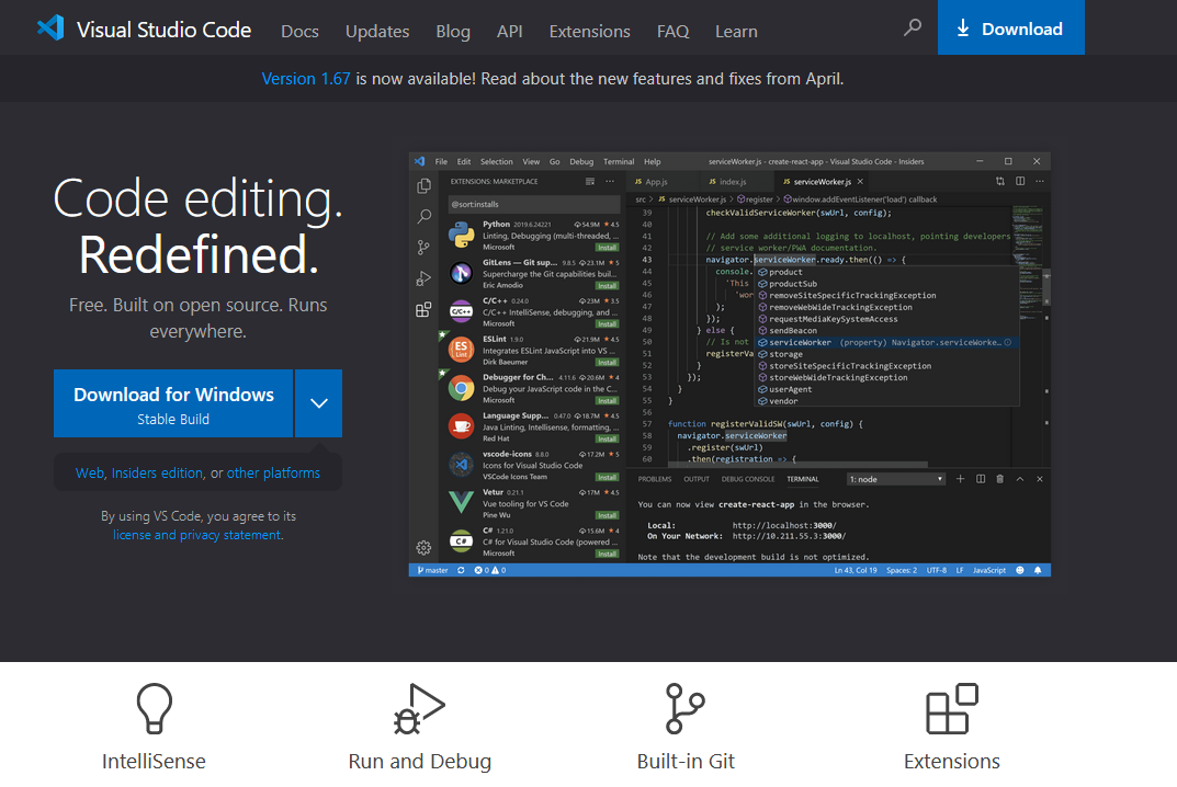 Screenshot of the landing page of Visual Studio Code