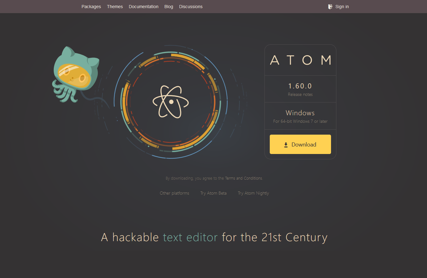 Screenshot of the landing page of the atom editor