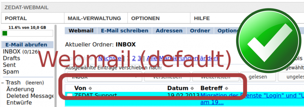 Screenshot: ZEDAT Webmail INBOX with defaults (no special sorting)