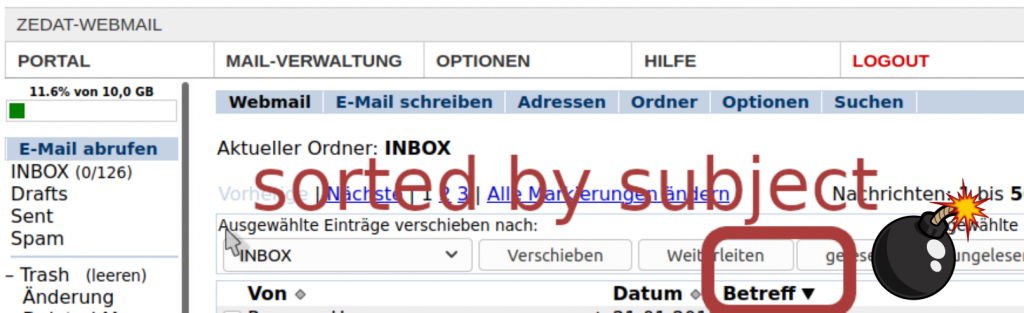 Screenshot: ZEDAT Webmail INBOX sorted by subject (not good)