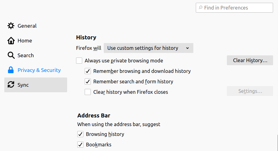 Firefox Preferences / Privacy & Security / History